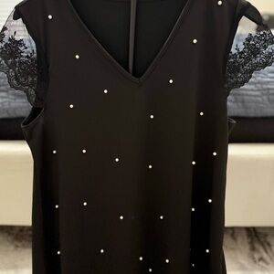 Black Top with Pearl and Lace Accents